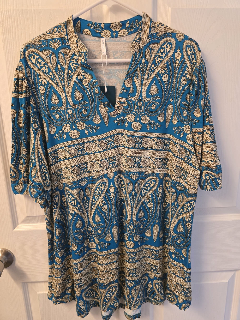 Women's Teal Paisley V-Neck Blouse